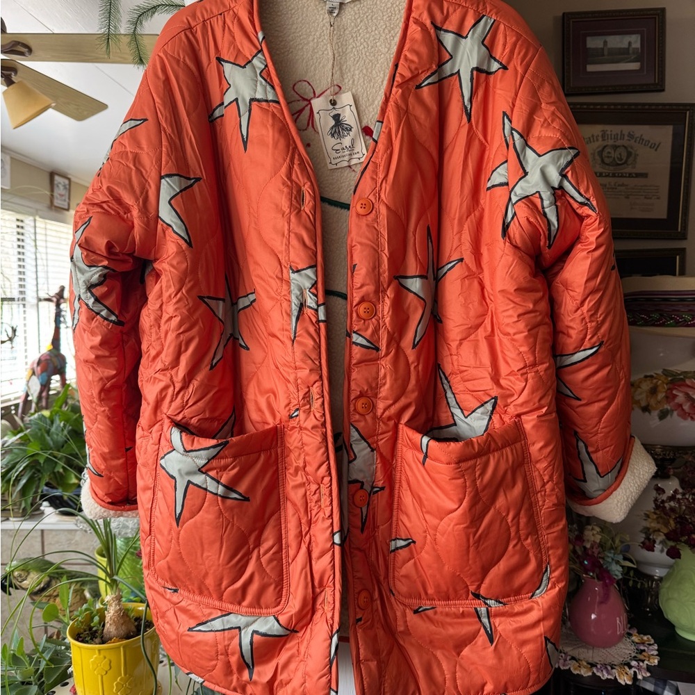 Orange Quilted Jacket with Dog Design